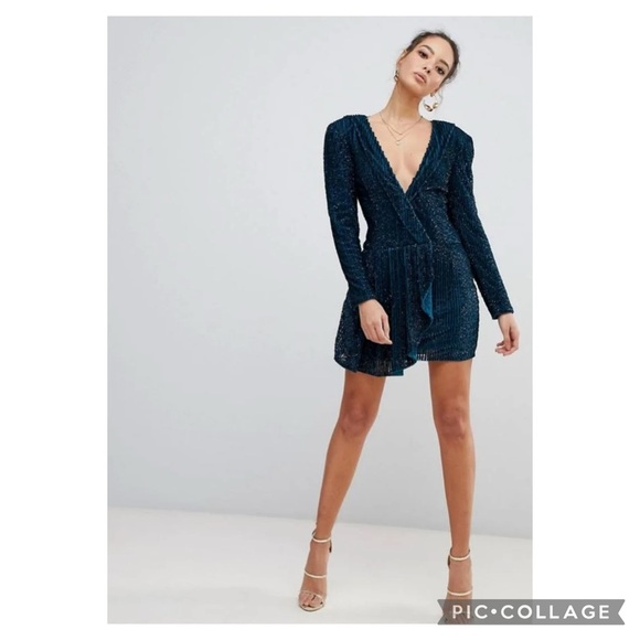 Misguided Peace + Love Teal Embellished Sequin Drape Front Dress Size 4 NWT - Picture 14 of 16